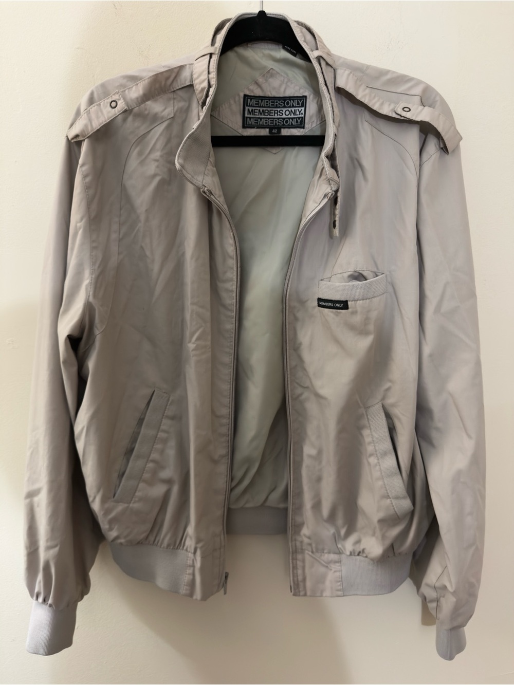 Vintage Members Only Light Gray Bomber Jacket with Chest Pocket Classic Size 42